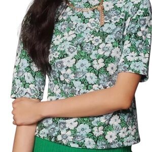 Anthropologie Green and White Boxy Blouse with Mock Collar Size XL